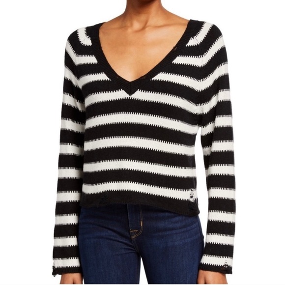 WILDFOX Leanne Striped Distressed Sweater V Neck Women Large NEW. 203 - Picture 1 of 6